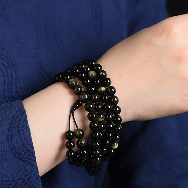 Goldschimmerndes Obsidian-Reichtums-Mala-Armband mit 108 Perlen