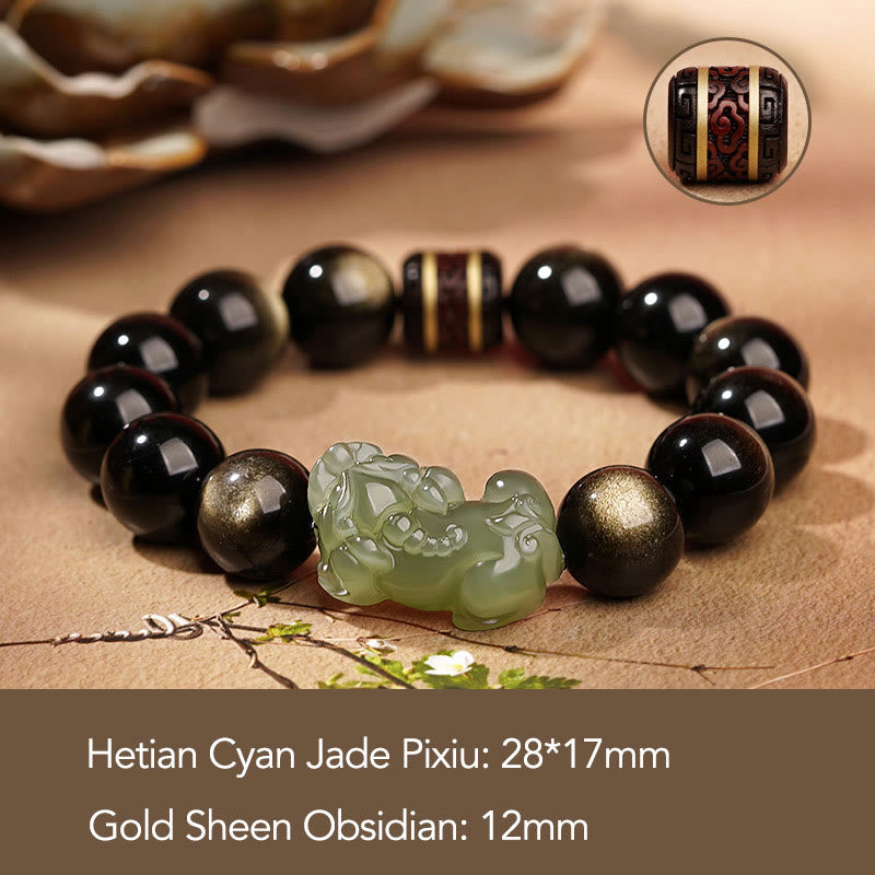 Goldschimmerndes Obsidian-Pixiu-Reichtumsarmband 14 mm für Herren