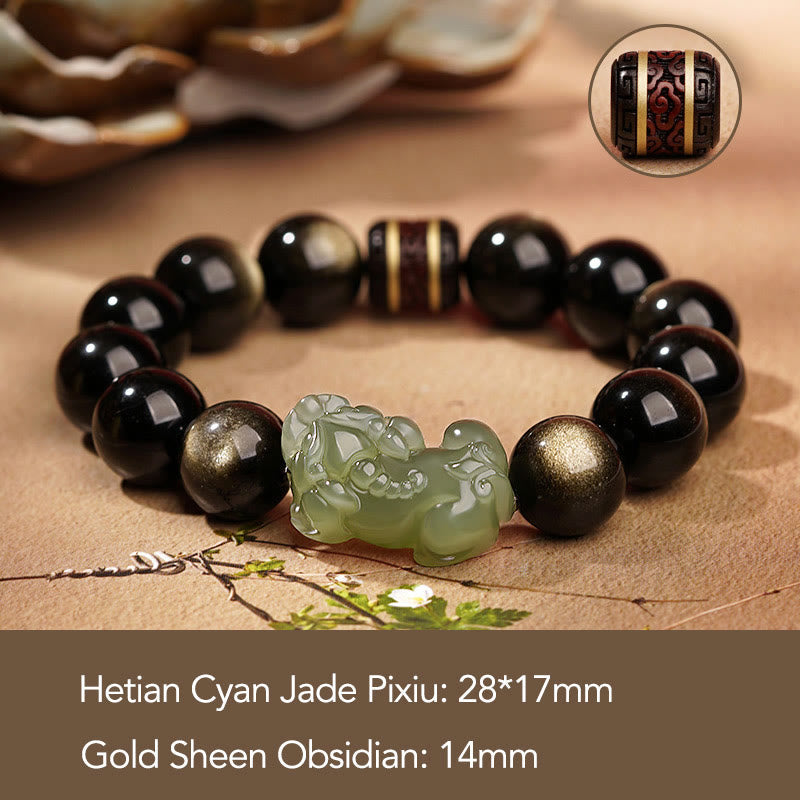 Goldschimmerndes Obsidian-Pixiu-Reichtumsarmband 14 mm für Herren