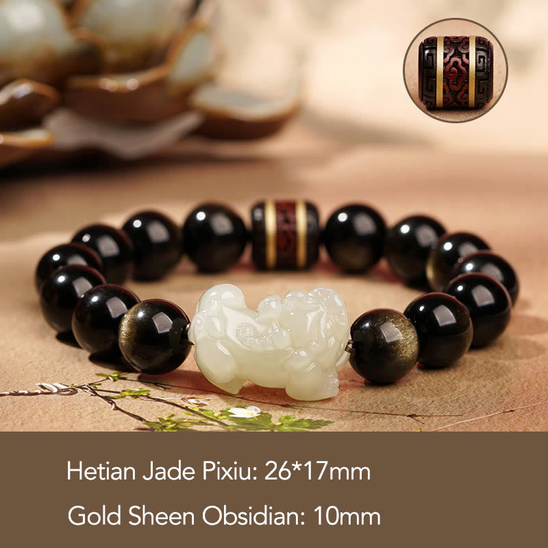 Goldschimmerndes Obsidian-Pixiu-Reichtumsarmband 14 mm für Herren