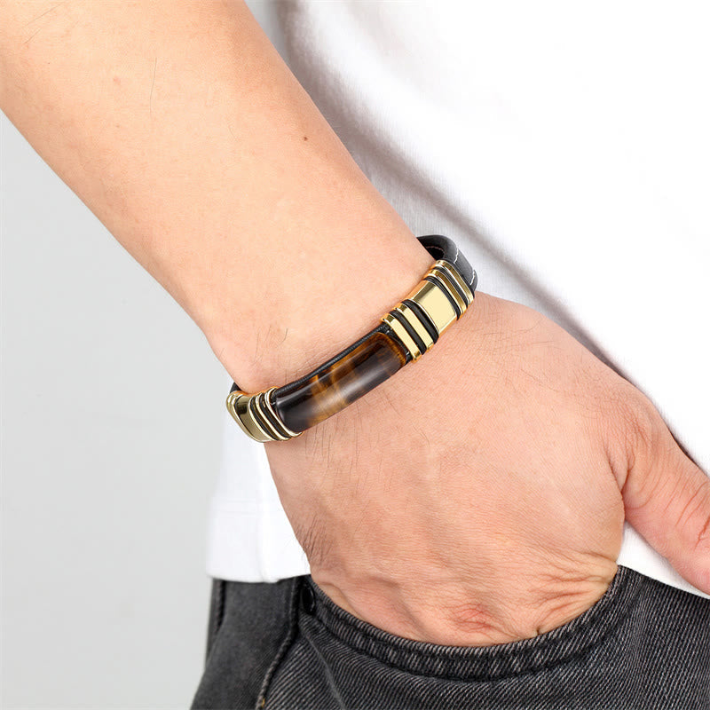 Armband aus Leder mit Schnalle aus goldenem Tigerauge-Stein, 18–20 cm, für Klarheit
