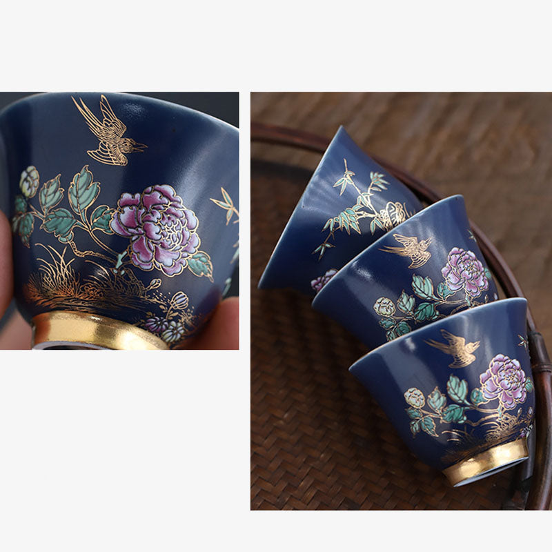 Goldene Elster &amp; Pfingstrose Keramik-Teetasse für Kung-Fu-Tee
