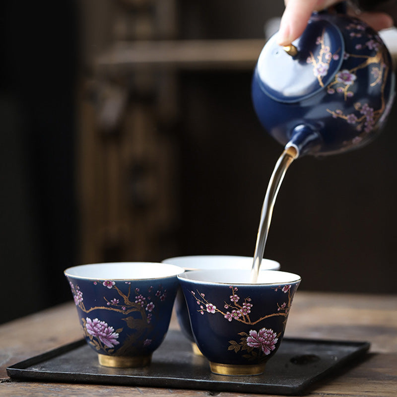 Goldene Elster &amp; Pfingstrose Keramik-Teetasse für Kung-Fu-Tee