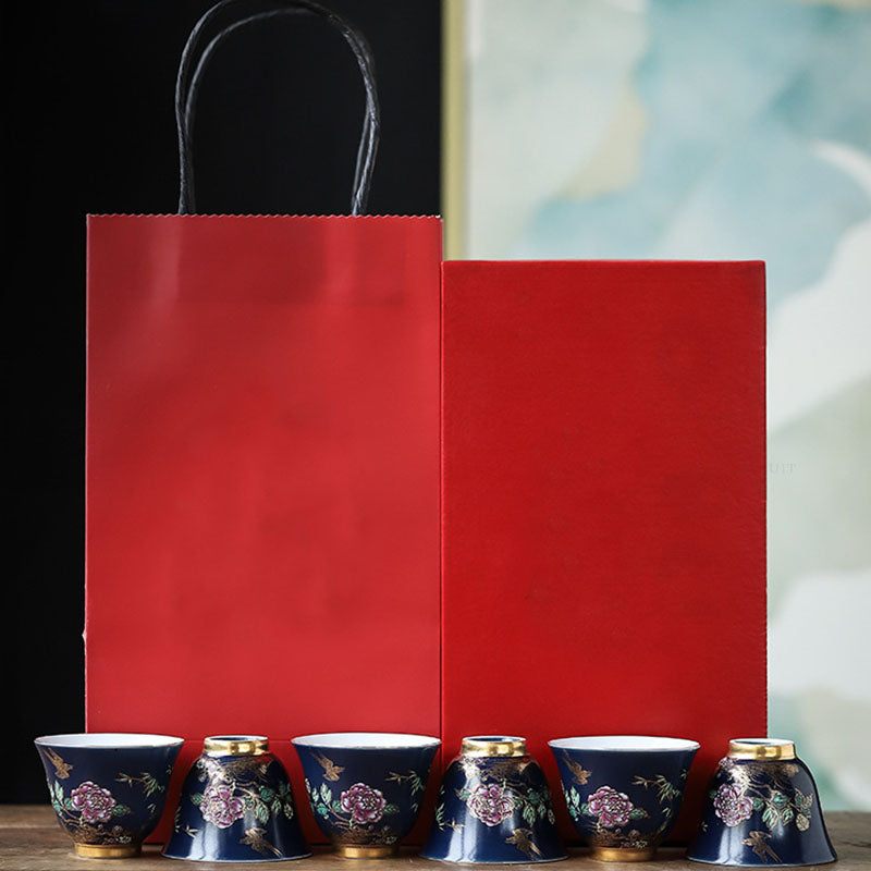 Goldene Elster &amp; Pfingstrose Keramik-Teetasse für Kung-Fu-Tee