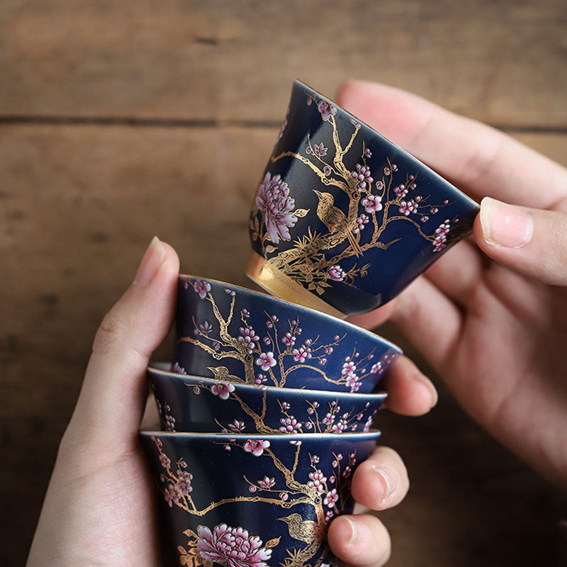 Goldene Elster &amp; Pfingstrose Keramik-Teetasse für Kung-Fu-Tee