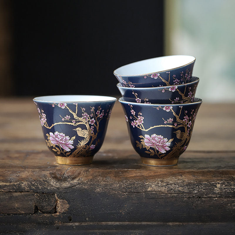 Goldene Elster &amp; Pfingstrose Keramik-Teetasse für Kung-Fu-Tee