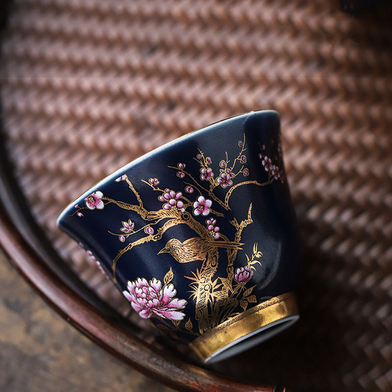 Goldene Elster &amp; Pfingstrose Keramik-Teetasse für Kung-Fu-Tee