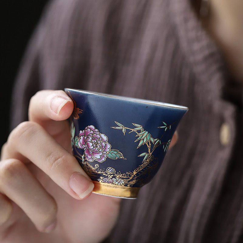 Goldene Elster &amp; Pfingstrose Keramik-Teetasse für Kung-Fu-Tee