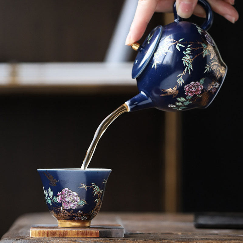 Goldene Elster &amp; Pfingstrose Keramik-Teetasse für Kung-Fu-Tee