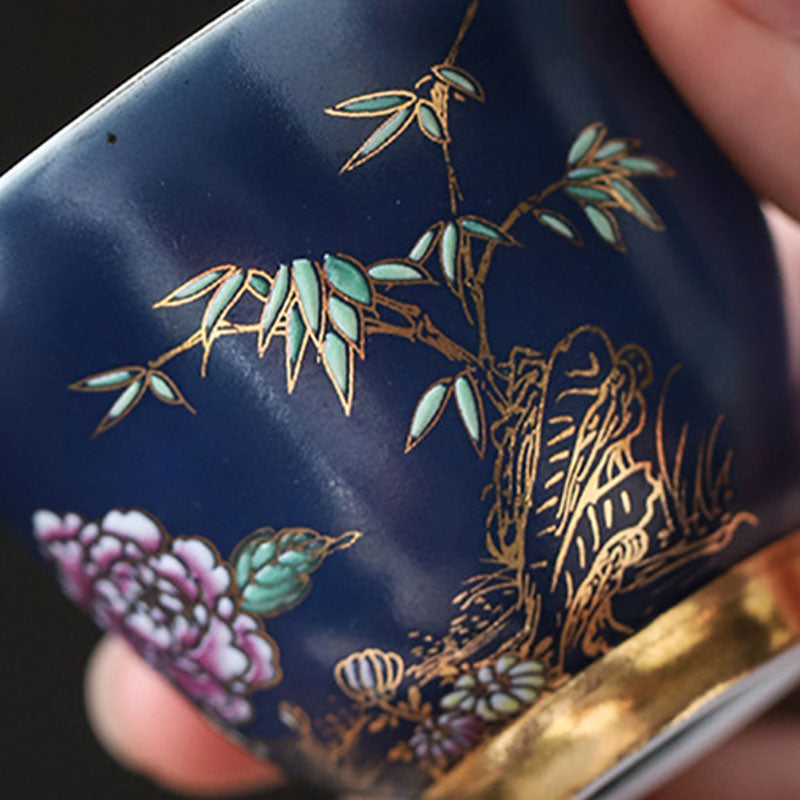 Goldene Elster &amp; Pfingstrose Keramik-Teetasse für Kung-Fu-Tee