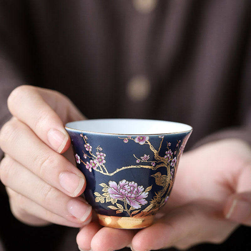 Goldene Elster &amp; Pfingstrose Keramik-Teetasse für Kung-Fu-Tee