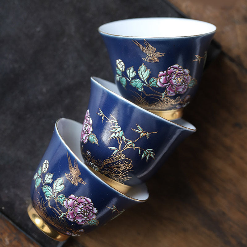 Goldene Elster &amp; Pfingstrose Keramik-Teetasse für Kung-Fu-Tee