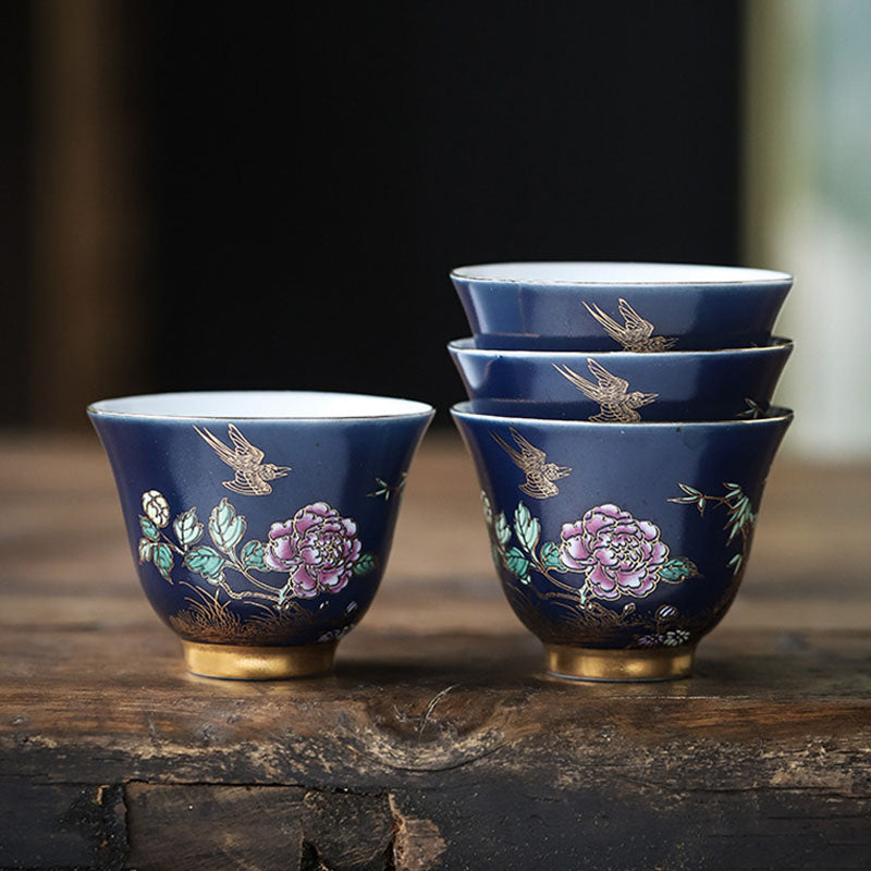 Goldene Elster &amp; Pfingstrose Keramik-Teetasse für Kung-Fu-Tee