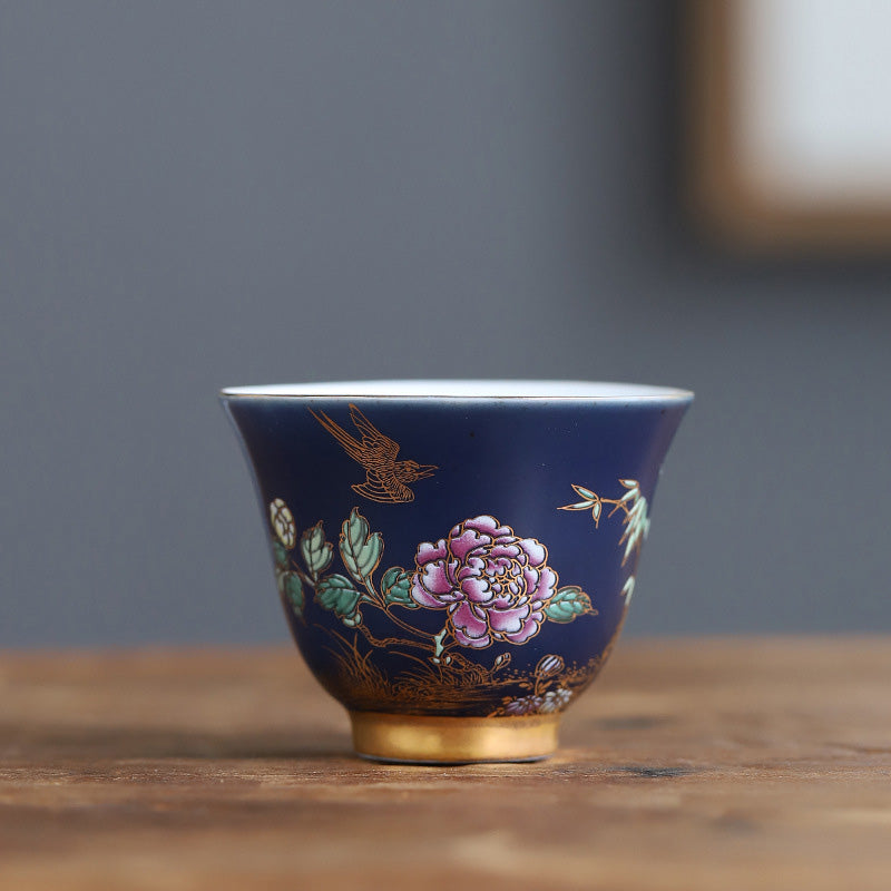 Goldene Elster &amp; Pfingstrose Keramik-Teetasse für Kung-Fu-Tee