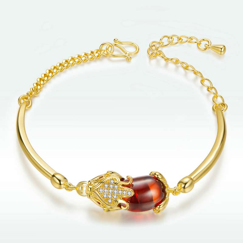 Goldenes rotes Achat-Pixiu-Armband, 19 cm, Reichtum und Glück