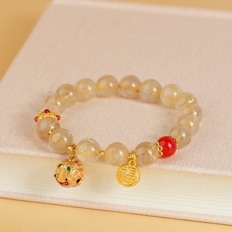Goldenes Rutilquarz-Reichtumsarmband Fu Charm