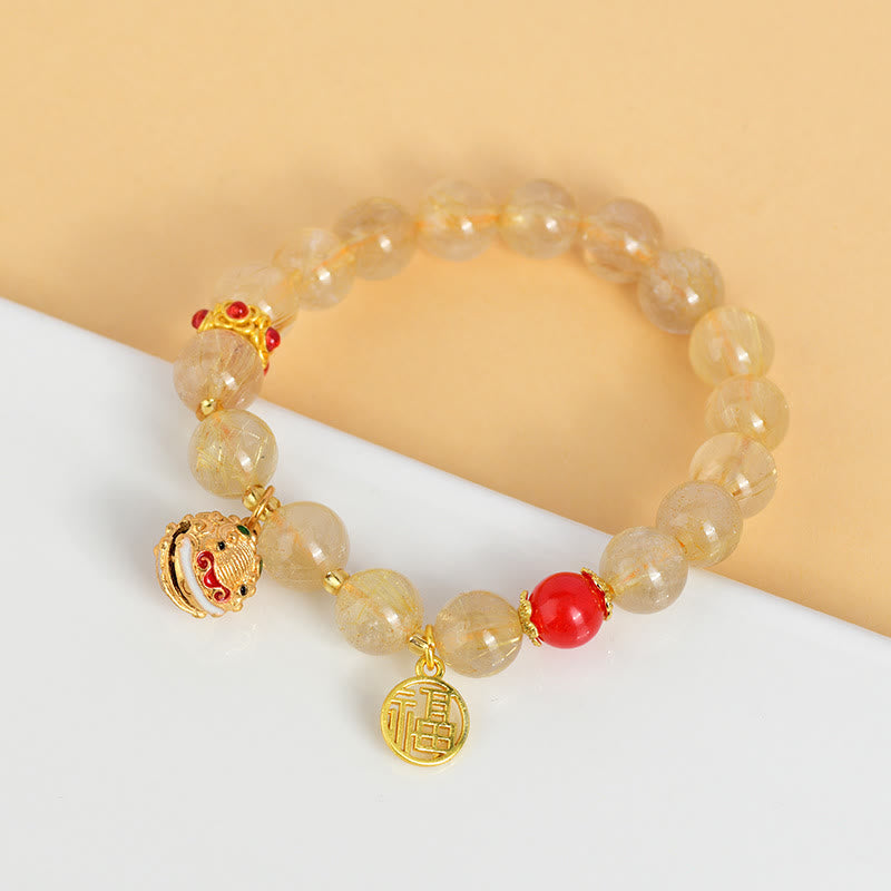 Goldenes Rutilquarz-Reichtumsarmband Fu Charm