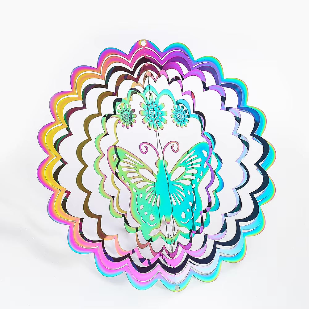 Iridescent Gradient Butterfly Kinetic Metal Wind Spinner with scalloped circles and design