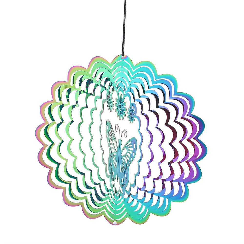 Iridescent gradient butterfly kinetic metal wind spinner with 3D spiral design