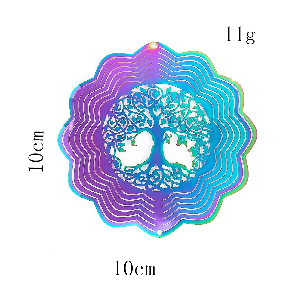 Holographic Tree of Life wind spinner with rainbow concentric patterns for gardens