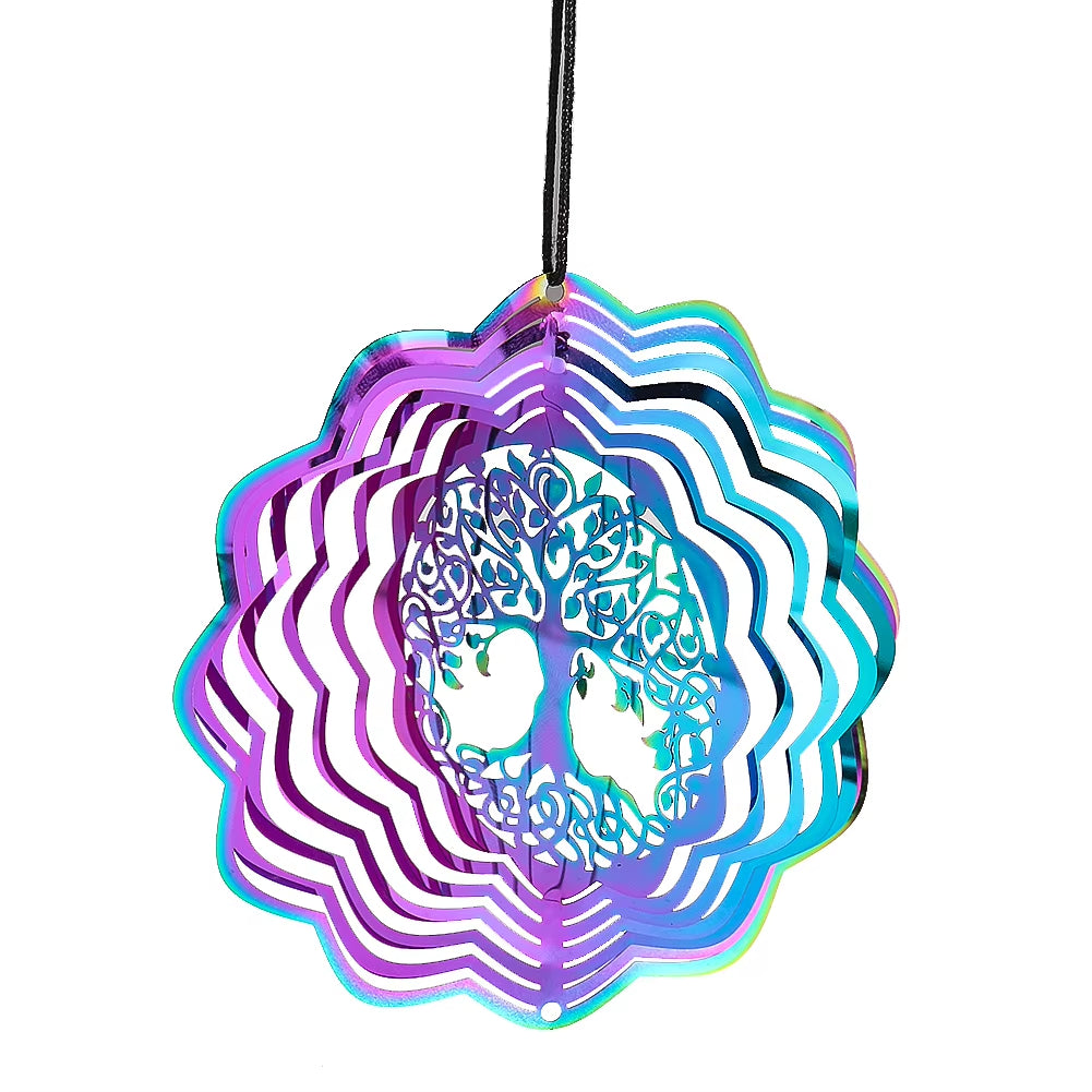 Iridescent Gradient Metal Tree of Life Garden Wind Spinner with wavy concentric circles