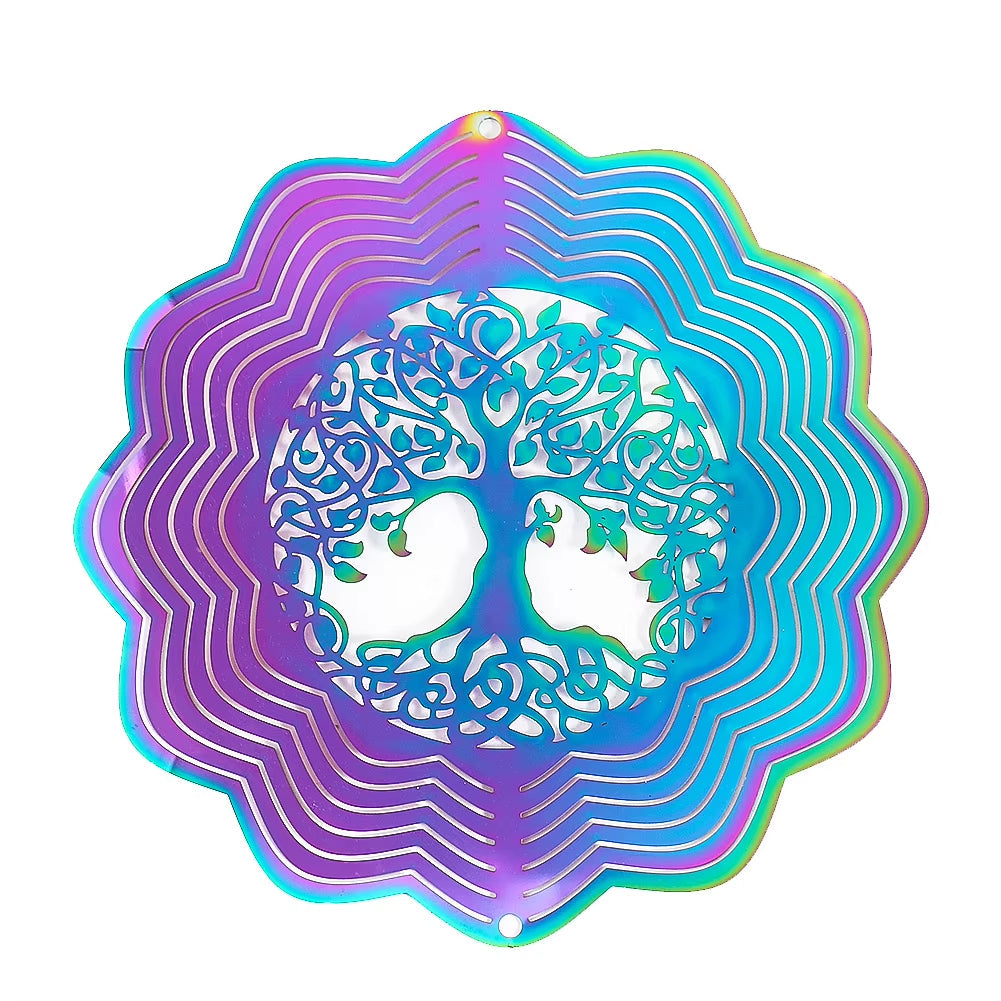 Celtic Tree of Life symbol with iridescent blue and purple tones on wind spinner