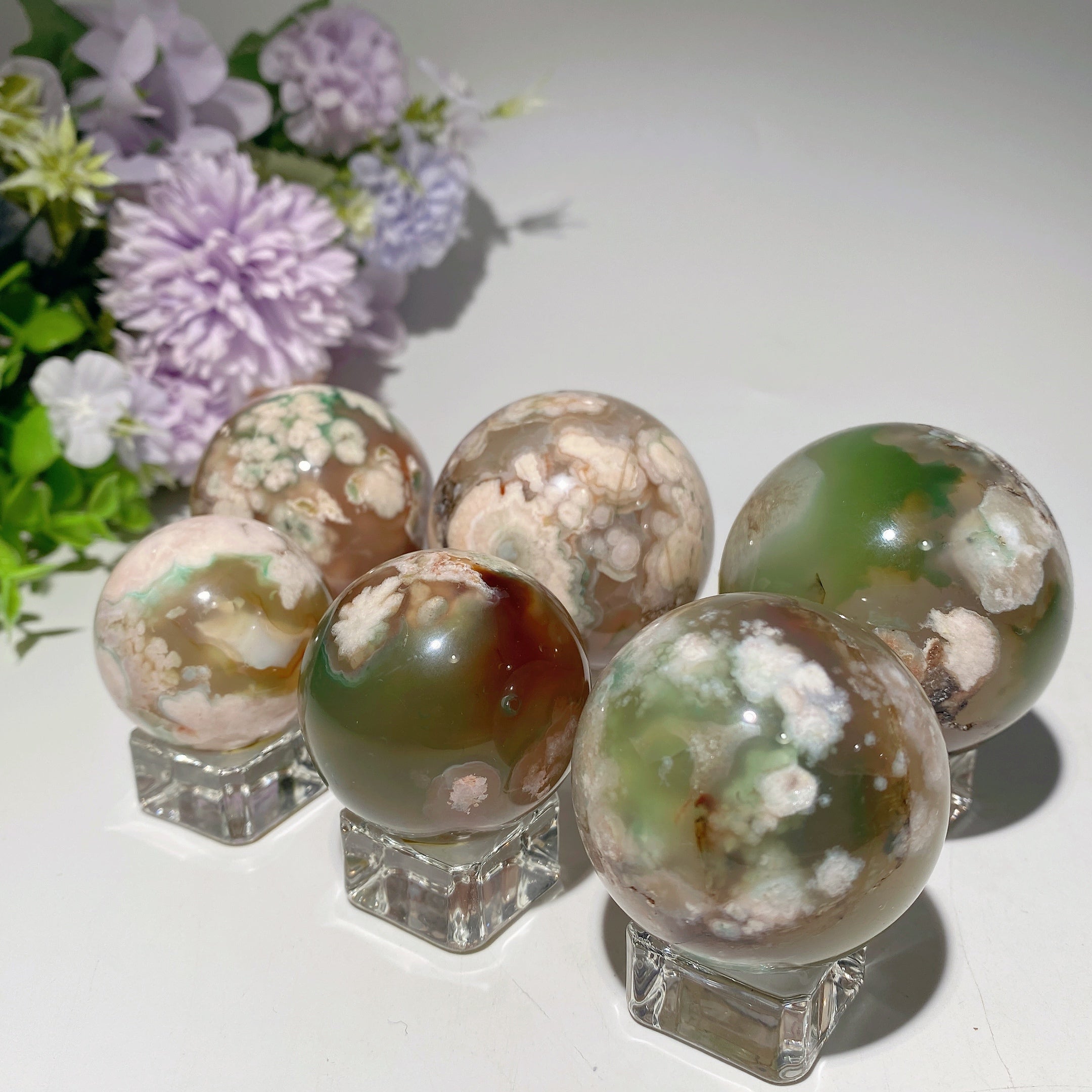 Green Flower Agate Crystal Sphere 1.3"-2.5" Healing Orb