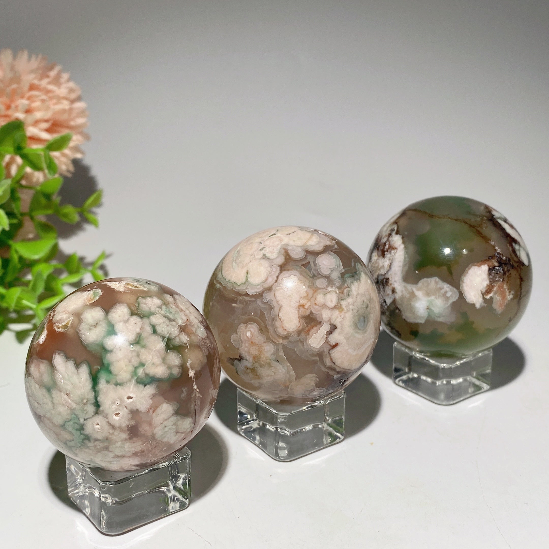 Green Flower Agate Crystal Sphere 1.3"-2.5" Healing Orb