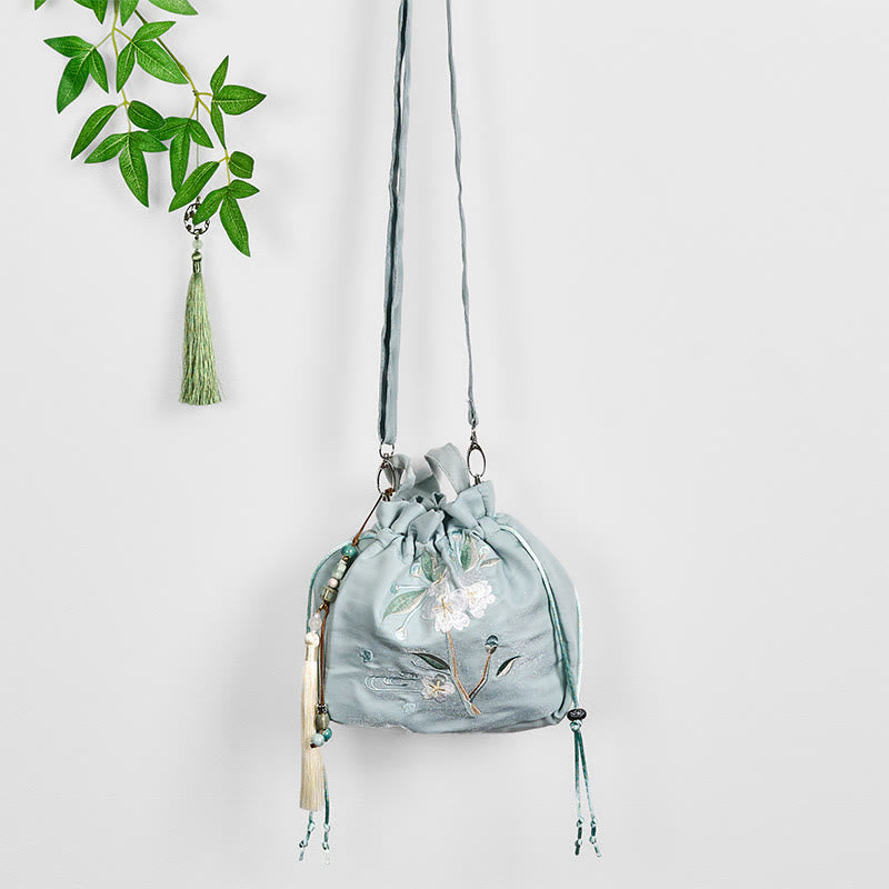 Tragetasche aus Segeltuch mit grüner Blumenstickerei, 20 x 20 cm