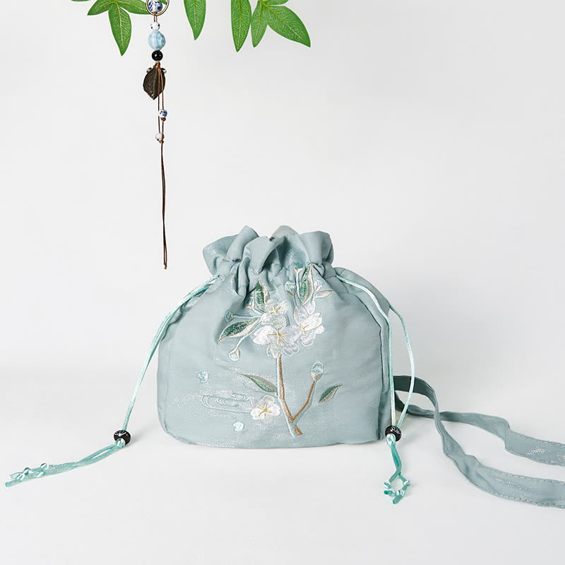 Tragetasche aus Segeltuch mit grüner Blumenstickerei, 20 x 20 cm