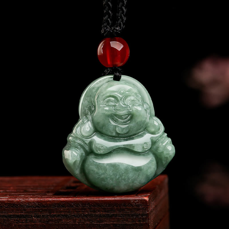 Grüne Jade-Halskette mit lachendem Buddha für Glück und Überfluss