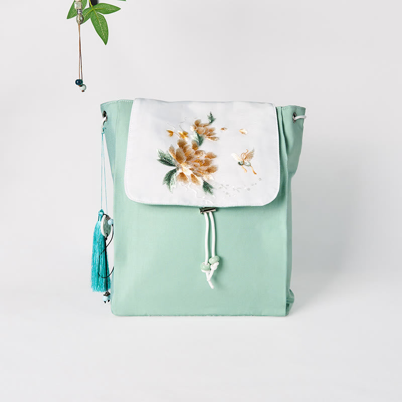 Grüner Pfingstrosen-Blumen-Canvas-Rucksack | Achtsame Kleidung