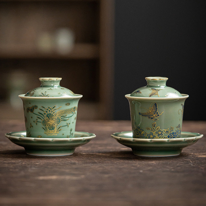 Grünes Gaiwan-Teeservice aus Porzellan | Schmetterlingsblumen- und Lachsdesign