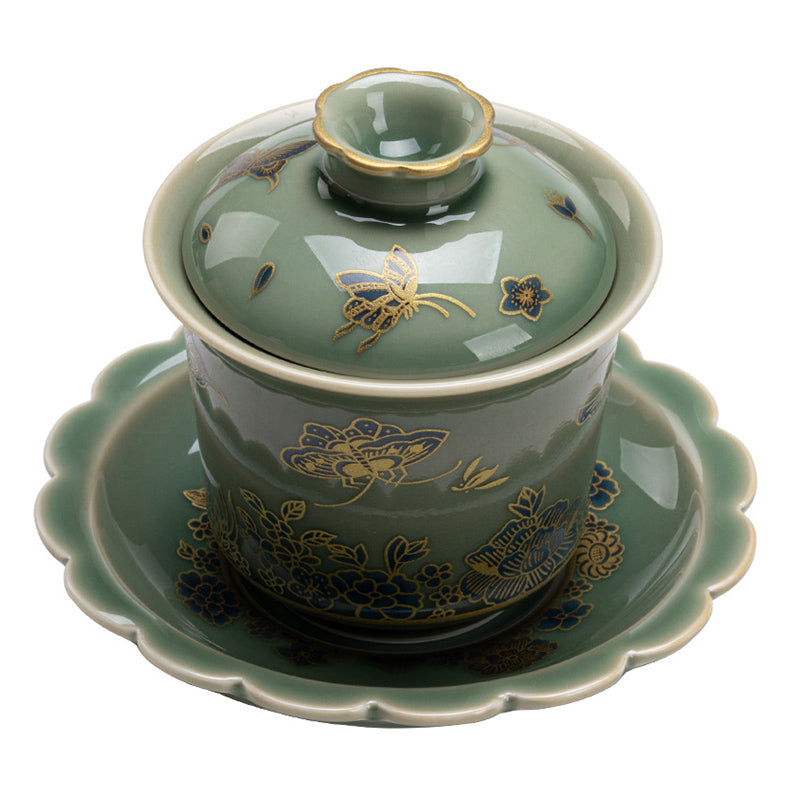 Grünes Gaiwan-Teeservice aus Porzellan | Schmetterlingsblumen- und Lachsdesign