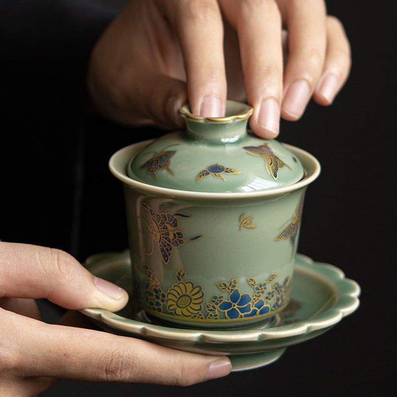 Grünes Gaiwan-Teeservice aus Porzellan | Schmetterlingsblumen- und Lachsdesign