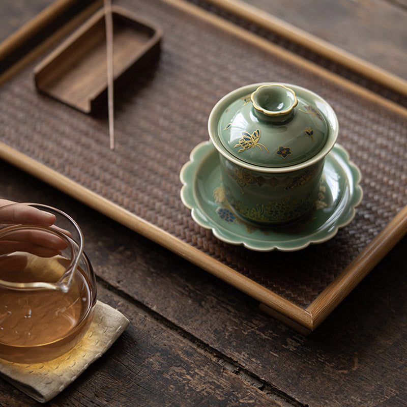 Grünes Gaiwan-Teeservice aus Porzellan | Schmetterlingsblumen- und Lachsdesign