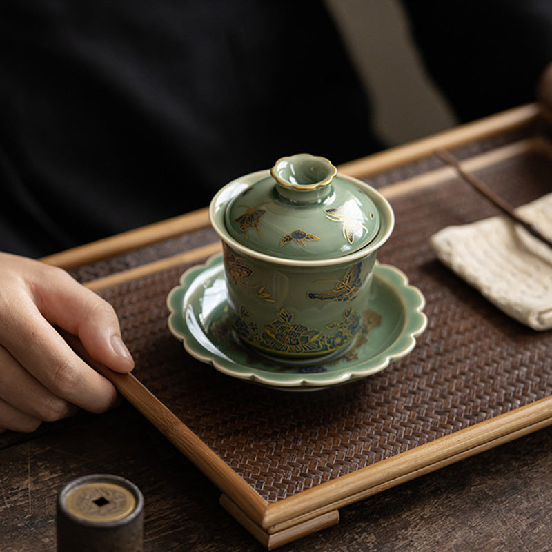 Grünes Gaiwan-Teeservice aus Porzellan | Schmetterlingsblumen- und Lachsdesign