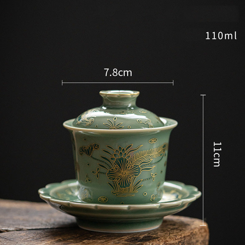 Grünes Gaiwan-Teeservice aus Porzellan | Schmetterlingsblumen- und Lachsdesign