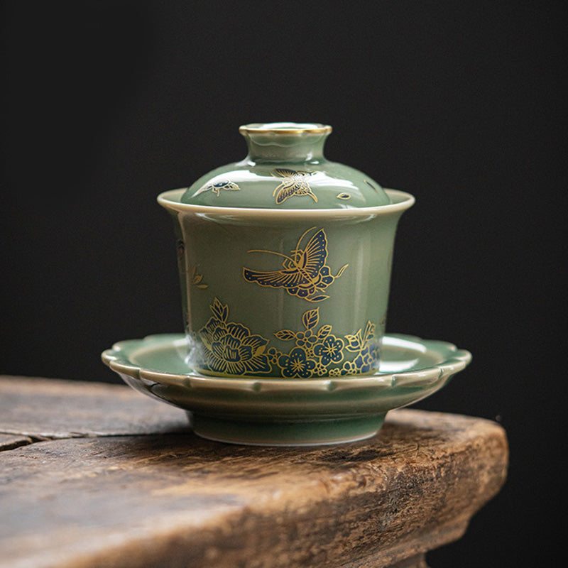 Grünes Gaiwan-Teeservice aus Porzellan | Schmetterlingsblumen- und Lachsdesign