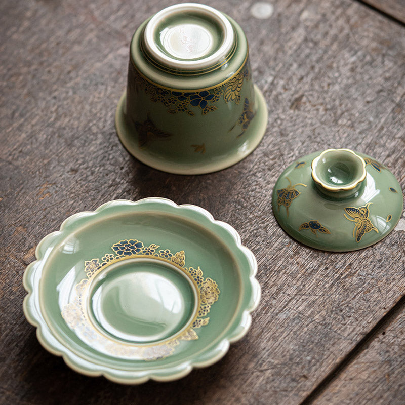 Grünes Gaiwan-Teeservice aus Porzellan | Schmetterlingsblumen- und Lachsdesign