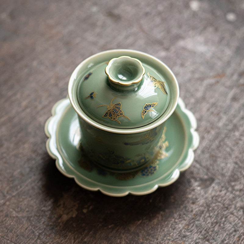 Grünes Gaiwan-Teeservice aus Porzellan | Schmetterlingsblumen- und Lachsdesign