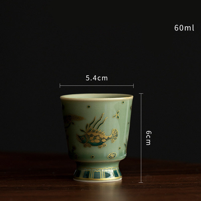 Grünes Gaiwan-Teeservice aus Porzellan | Schmetterlingsblumen- und Lachsdesign