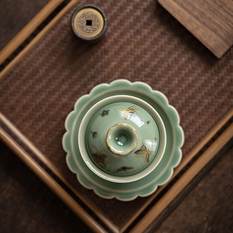 Grünes Gaiwan-Teeservice aus Porzellan | Schmetterlingsblumen- und Lachsdesign