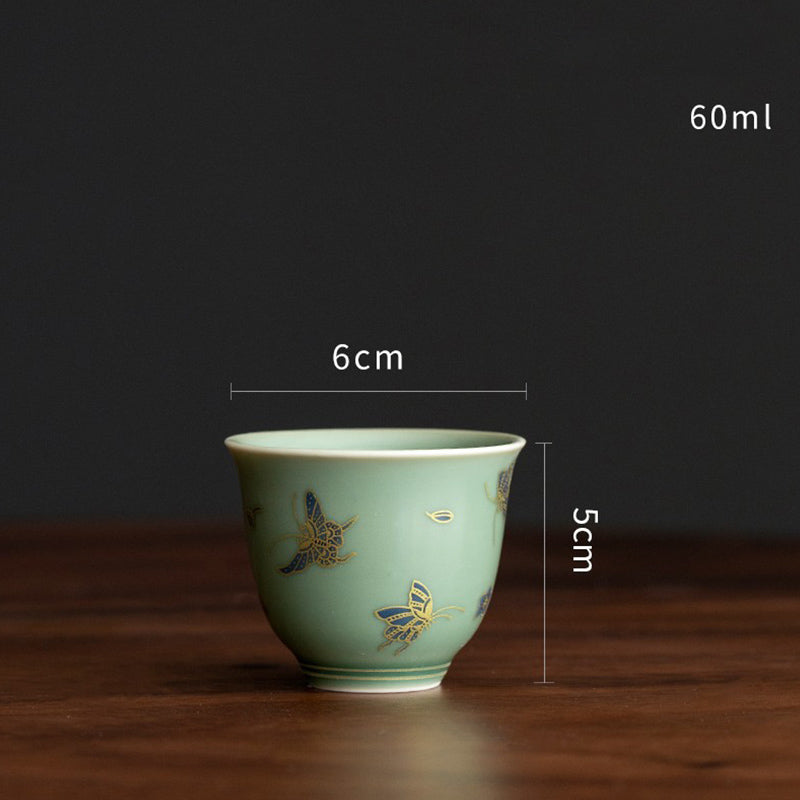 Grünes Gaiwan-Teeservice aus Porzellan | Schmetterlingsblumen- und Lachsdesign
