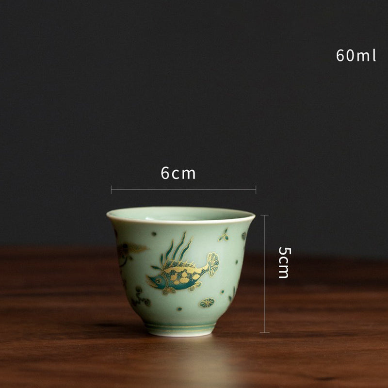 Grünes Gaiwan-Teeservice aus Porzellan | Schmetterlingsblumen- und Lachsdesign
