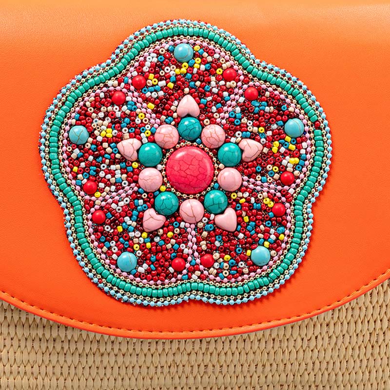 Hamsa-Umhängetasche aus Stroh mit Elefanten- und Blumendesign