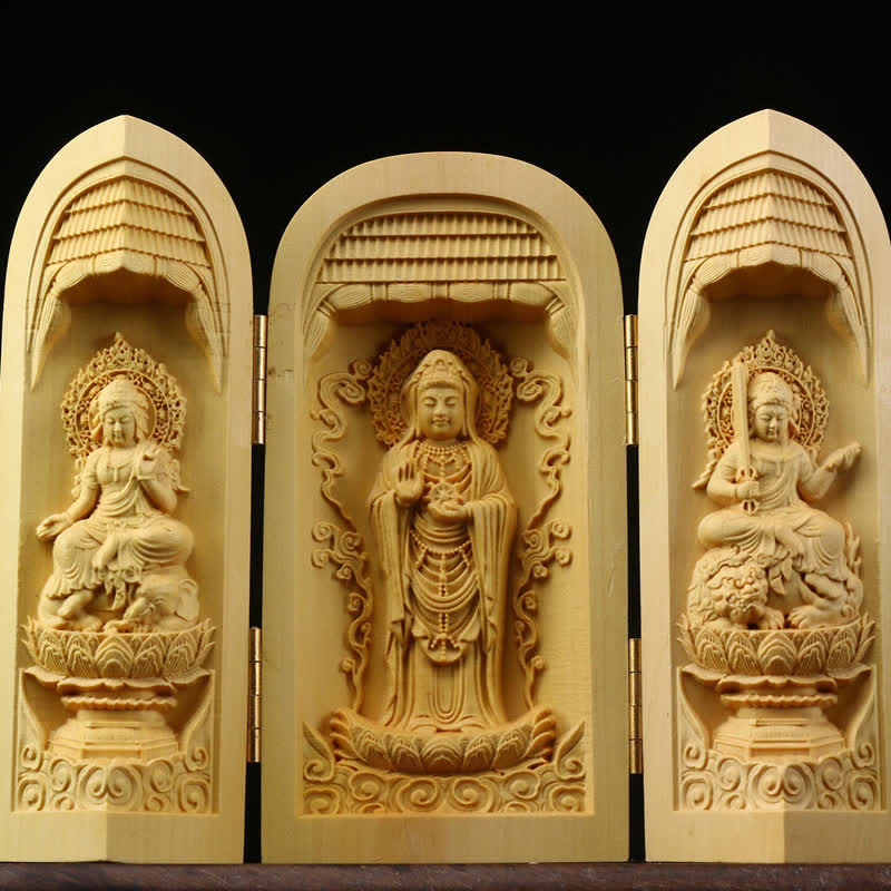 Handgeschnitzter Buchsbaum-Gelassenheitsaltar | Tragbarer Gebetsaltar