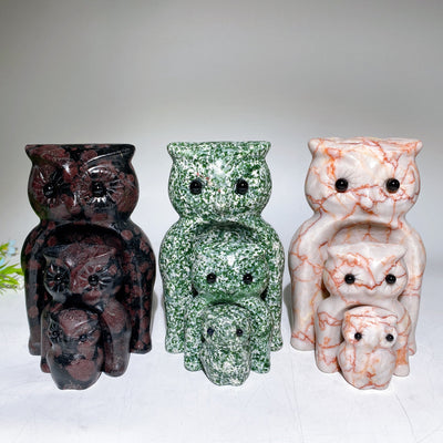 Handgeschnitztes Kristall-Eulen-Set, Granat, Jaspis, Jade, 5,1–15,2 cm