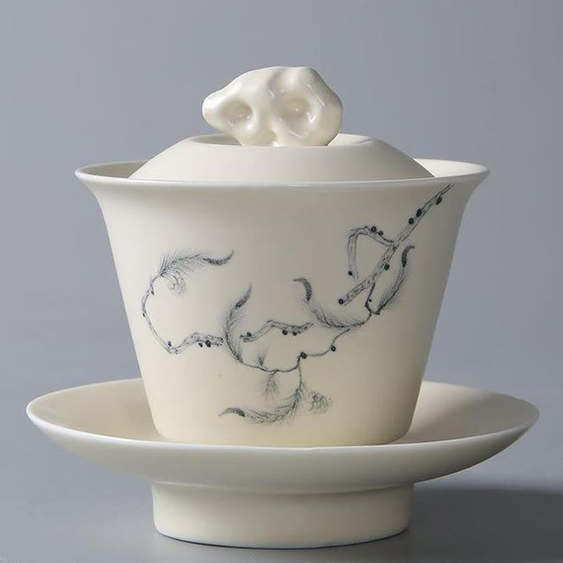 Handbemalte Keramik-Gaiwan-Teetasse mit Deckel, 200 ml | Zen-Dekor