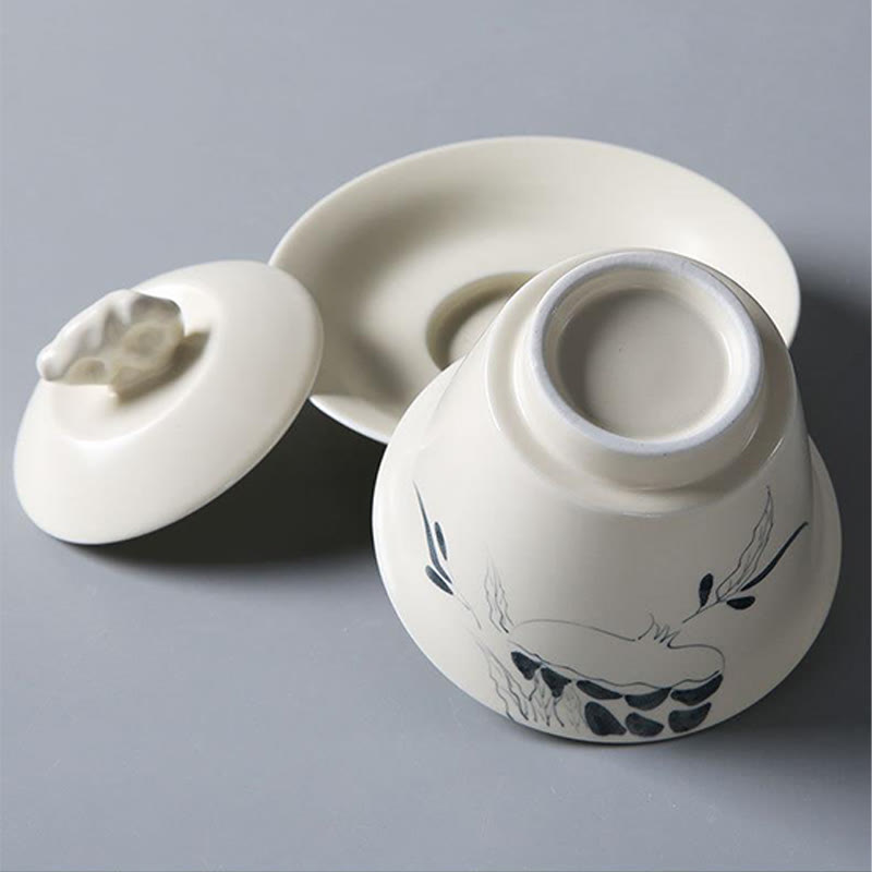 Handbemalte Keramik-Gaiwan-Teetasse mit Deckel, 200 ml | Zen-Dekor